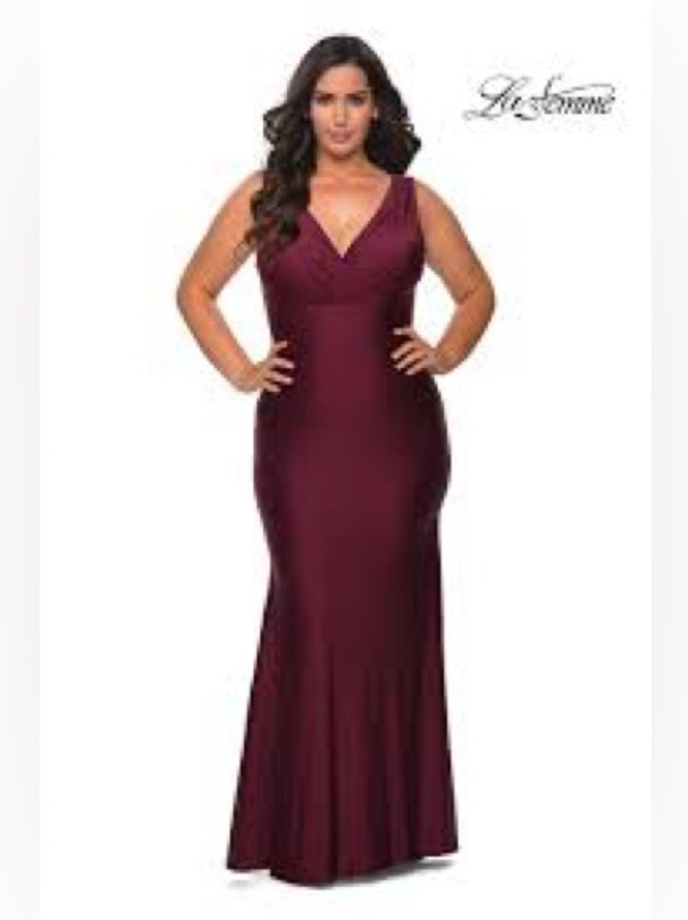 La Femme Plus-Size V-Neck Evening Gown in Burgundy